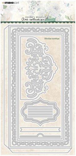 Studio Light - Jenine's Mindful Art Collection - Die Slimline - Envelope Essentials - NR.97. Create your own slimline envelope with this die. It is perfect for adding notes to your cards, scrapbook layouts or journal pages. This die will give you the perfect shape, and scored edges for folding so you get the perfect envelope shape every time.  Size: 4.7 x 8.9 inches. Available at Embellish Away located in Bowmanville Ontario Canada.