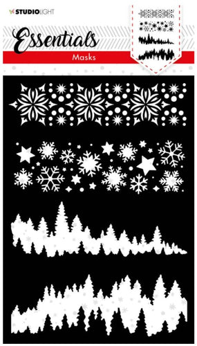 Studio Light - Mask - Christmas Horizontal Borders - Essentials - 148x210mm - 4 pcs. - nr.36. The Christmas Essential sets contain a lot of great essential elements to create various Christmas cards and projects. This set includes four horizontal border masks to use as the main image or background scenery. Size: 5.8