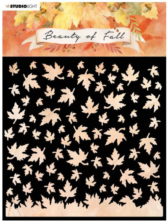 Studio Light - Mask - Scenery - Beauty Of Fall - 150x150mm - nr.35. This mask makes a great Fall scene background for cards, mixed media projects, journals and more. Use the masks to set the base of the scenery with grass and leaves and add the cutting dies, stamps and other elements to add in all the details. Size: 6 x 6 inches. Available at Embellish Away located in Bowmanville Ontario Canada.