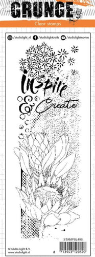 Studio Light Clear Stamp Grunge Collection 74x210mm nr.496. This slimline stamp features the words inspire and create among some large floral designs.  Size: 2 x 5.8 inches. Available in Bowmanville Ontario Canada