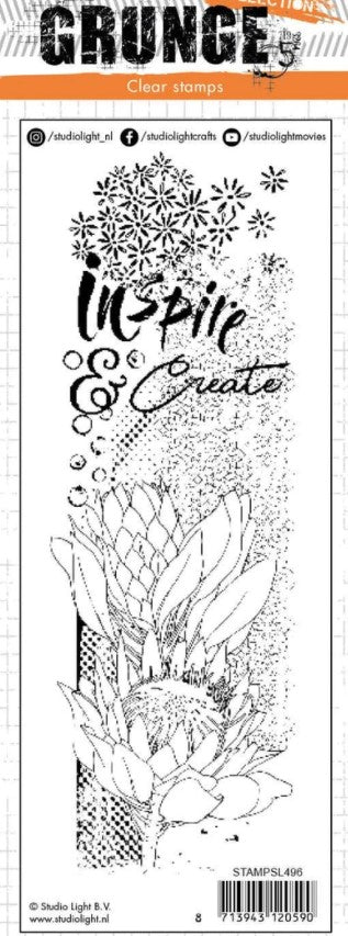 Studio Light Clear Stamp Grunge Collection 74x210mm nr.496. This slimline stamp features the words inspire and create among some large floral designs.  Size: 2 x 5.8 inches. Available in Bowmanville Ontario Canada