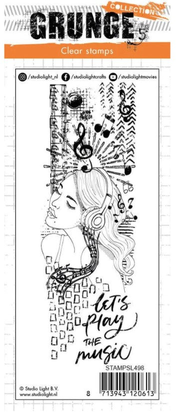 Studio Light Clear Stamp Grunge Collection 52x148mm nr.498 This collage style slimline stamp features a woman enjoying music.   Size: 5.8 x 2 inch stamp set. Available in Bowmanville Ontario Canada.