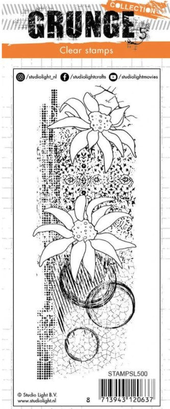 Studio Light Clear Stamp Grunge Collection 52x148mm nr.500. This slimline stamp features large beautiful flowers with a textured background.  Size: 2 x 5.8 inches. Available in Bowmanville Ontario Canada