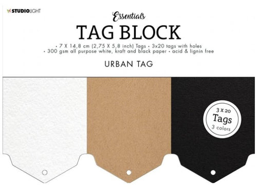 Studio Light - Tag Block Global Essentials 148x210x8mm - 60 Tags - nr.03. This SL Tag Block Urban Essentials set contains 60 tags with holes in 300 gsm all purpose white, kraft and black paper. 3 colours x 20 tags; acid and lignin free. These handy tags are a great addition to cards and scrapbook layouts.  Size: 5.8 x 8.3 in; individual tag: 2.75 x 5.8 inches. Available at Embellish Away located in Bowmanville Ontario Canada.