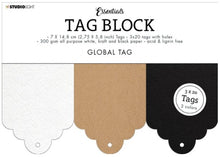 Charger l&#39;image dans la galerie, Studio Light - Tag Block Global Essentials 148x210x8mm - 60 Tags - nr.04. This SL Tag Block Global Essentials set contains 60 tags with holes in 300 gsm all purpose white, kraft and black paper. 3 colours x 20 tags; acid and lignin free. These handy tags are a great addition to cards and scrapbook layouts.  Size: 5.8 x 8.3 in; individual tag: 2.75 x 5.8 inches Available at Embellish Away located in Bowmanville Ontario Canada.

