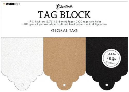 Studio Light - Tag Block Global Essentials 148x210x8mm - 60 Tags - nr.04. This SL Tag Block Global Essentials set contains 60 tags with holes in 300 gsm all purpose white, kraft and black paper. 3 colours x 20 tags; acid and lignin free. These handy tags are a great addition to cards and scrapbook layouts.  Size: 5.8 x 8.3 in; individual tag: 2.75 x 5.8 inches Available at Embellish Away located in Bowmanville Ontario Canada.
