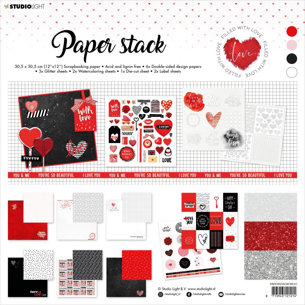 Studio Light Paper Stack - Filled with Love. This 12x12 paper collection comes with: 3 glitter sheets, 2 water colouring sheets, 1 die cut sheet, 2 label sheets and 6 double-sided designs. Perfect for Valentines or crafts to reflect love and the colours of love. Acid and Linen Free. Imported.  Coordinating Options: Die - Love Filled With love - NR.351. Available at Embellish Away located in Bowmanville Ontario Canada.