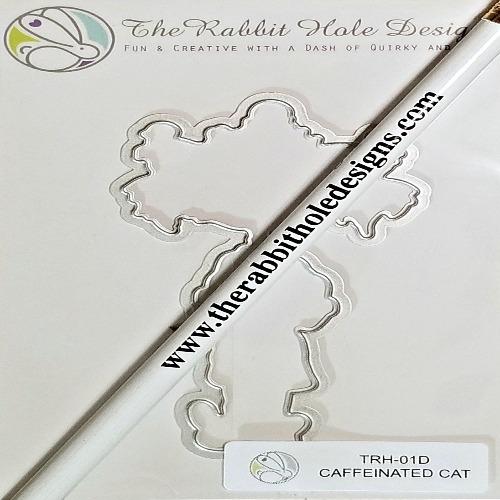 The Rabbit Hole Designs - Die - Caffeinated - Cat. The Rabbit Hole Designs dies are made of durable 100% steel. Usable in nearly every machine on the market! Use on cardstock, felt, fabric or shrink plastic. You can use wafer thin dies to cut, stencil, emboss and create!  Coordinates with our Caffeinated Cat stamp. Available at Embellish Away located in Bowmanville Ontario Canada.