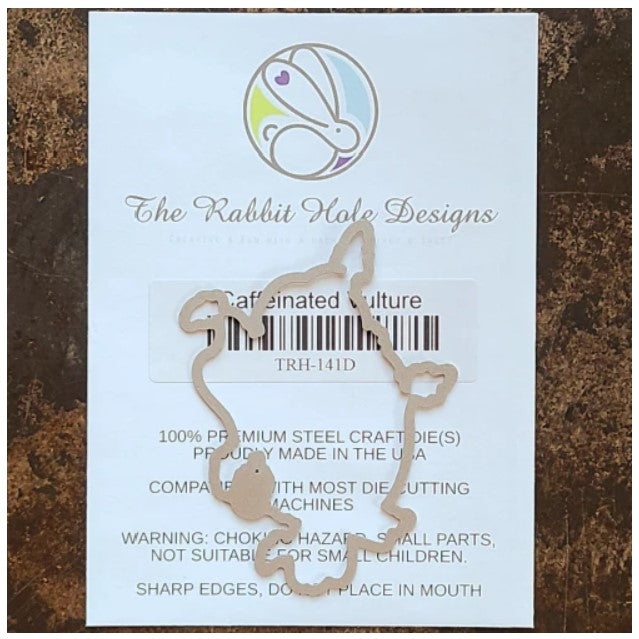 The Rabbit Hole Designs - Die - Caffeinated - Vulture. The Rabbit Hole Designs dies are made of durable 100% steel. Usable in nearly every machine on the market! Use on cardstock, felt, fabric or shrink plastic. You can use wafer thin dies to cut, stencil, emboss and create! Made in USA.  Coordinates with our Caffeinated Vulture stamp - 4x4. Available at Embellish Away located in Bowmanville Ontario Canada.