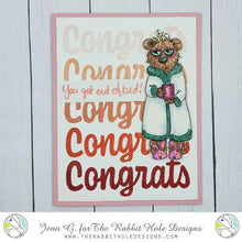 Load image into Gallery viewer, The Rabbit Hole Designs - Die Set - Congrats - Scripty Word with Shadow Layer. The Rabbit Hole Designs dies are made of durable 100% steel. Usable in nearly every machine on the market! Use on cardstock, felt, fabric or shrink plastic. You can use wafer thin dies to cut, stencil, emboss and create! Made in the USA.  Coordinates with Congrats - Scripty 3x4 Stamp Set. Available at Embellish Away located in Bowmanville Ontario Canada. Card design by Jenn G.
