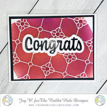Load image into Gallery viewer, The Rabbit Hole Designs - Die Set - Congrats - Scripty Word with Shadow Layer. The Rabbit Hole Designs dies are made of durable 100% steel. Usable in nearly every machine on the market! Use on cardstock, felt, fabric or shrink plastic. You can use wafer thin dies to cut, stencil, emboss and create! Made in the USA.  Coordinates with Congrats - Scripty 3x4 Stamp Set. Available at Embellish Away located in Bowmanville Ontario Canada. Card design by Joy W.
