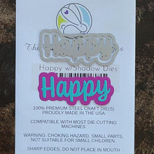 Cargar imagen en el visor de la galería, The Rabbit Hole Designs - Die Set - Happy - Scripty Word with Shadow. The Rabbit Hole Designs dies are made of durable 100% steel. Usable in nearly every machine on the market! Use on cardstock, felt, fabric or shrink plastic. You can use wafer thin dies to cut, stencil, emboss and create! Made in the USA. Available at Embellish Away located in Bowmanville Ontario Canada.
