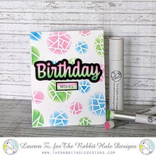 Load image into Gallery viewer, The Rabbit Hole Designs - Stamp Set - Birthday - Scripty - 3x4. Deeply etched, clear photopolymer stamps for precise placement. The word Birthday is sized so that it may be stamped onto the shadow layer from the coordinating dies (sold separately). Made in USA. Coordinates with Birthday - Scripty Word with Shadow Layer Dies. Available at Embellish Away located in Bowmanville Ontario Canada. Card design by Lauren Z.

