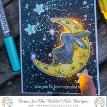 Load image into Gallery viewer, The Rabbit Hole Designs - Stamp Set - 4x6 - Bunny Moon. Deeply etched, clear photopolymer stamps for precise placement. Made in the USA. Available at Embellish Away located in Bowmanville Ontario Canada. Card design by Deana.
