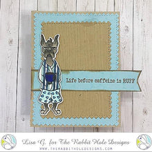 Load image into Gallery viewer, The Rabbit Hole Designs - Stamp Set - Caffeinated - Boxer - 3x4. Deeply etched, clear photopolymer stamps for precise placement. Boxer measures 1.184&quot;W x 3.78&quot;H. Made in USA.  Coordinates with our Caffeinated Boxer Die. Available at Embellish Away located in Bowmanville Ontario Canada. Card designed by Lisa G.
