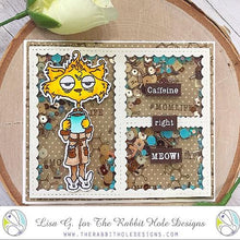 Load image into Gallery viewer, The Rabbit Hole Designs - Stamp Set - Caffeinated - Cat - 3x4. Deeply etched, clear photopolymer stamps for precise placement. Caffeinated Cat measures 2&quot;w x 3&quot;h. Caffeine Structure measures 0.75&quot;w x 0.75&quot;h. Sentiments are 0.1875in. tall and vary in length. Made in the USA. Available at Embellish Away located in Bowmanville Ontario Canada. Shaker Card designed by Lisa G.
