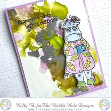 Load image into Gallery viewer, The Rabbit Hole Designs - Stamp Set - Caffeinated - Hippo - 3x4. Deeply etched, clear photopolymer stamps for precise placement. Made in USA.  Coordinates with our Caffeinated Hippo die. Available at Embellish Away located in Bowmanville Ontario Canada. card designed by Kelly B.
