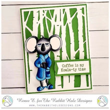 Load image into Gallery viewer, The Rabbit Hole Designs - Stamp Set - Caffeinated - Koala - 3x4. Deeply etched, clear photopolymer stamps for precise placement. Made in USA.  Coordinates with our Caffeinated Koala Die. Available at Embellish Away located in Bowmanville Ontario Canada. Card design by Renee E.
