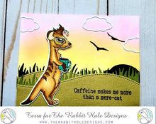 Load image into Gallery viewer, The Rabbit Hole Designs - Stamp Set - Caffeinated - Meerkat - 3x4. Deeply etched, clear photopolymer stamps for precise placement. Made in USA. Available at Embellish Away located in Bowmanville Ontario Canada. Card design by Terra.
