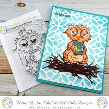 Load image into Gallery viewer, The Rabbit Hole Designs - Stamp Set - Caffeinated - Owl - 3x4. Deeply etched, clear photopolymer stamps for precise placement. Owl measures 2.4&quot;W x 3.394&quot;H. Made in USA. Available at Embellish Away located in Bowmanville Ontario Canada. Card design by Katie B.

