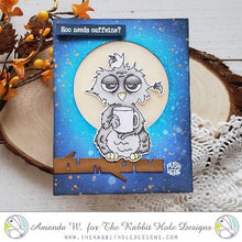 Load image into Gallery viewer, The Rabbit Hole Designs - Stamp Set - Caffeinated - Owl - 3x4. Deeply etched, clear photopolymer stamps for precise placement. Owl measures 2.4&quot;W x 3.394&quot;H. Made in USA. Available at Embellish Away located in Bowmanville Ontario Canada. Card design by Amanda W.
