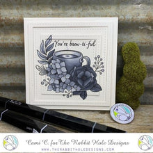 Load image into Gallery viewer, The Rabbit Hole Designs - Stamp Set - Caffeinated - Spring Coffee - 4x4. Deeply etched, clear photopolymer stamps for precise placement. Made in the USA. Available at Embellish Away located in Bowmanville Ontario Canada. Card design by Cami C.

