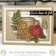 Load image into Gallery viewer, The Rabbit Hole Designs - Stamp Set - Caffeinated - Spring Coffee - 4x4. Deeply etched, clear photopolymer stamps for precise placement. Made in the USA. Available at Embellish Away located in Bowmanville Ontario Canada. Card design by Kim B.
