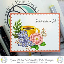 Load image into Gallery viewer, The Rabbit Hole Designs - Stamp Set - Caffeinated - Spring Coffee - 4x4. Deeply etched, clear photopolymer stamps for precise placement. Made in the USA. Available at Embellish Away located in Bowmanville Ontario Canada. Card design by Jenn G.
