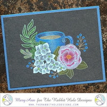 Load image into Gallery viewer, The Rabbit Hole Designs - Stamp Set - Caffeinated - Spring Coffee - 4x4. Deeply etched, clear photopolymer stamps for precise placement. Made in the USA. Available at Embellish Away located in Bowmanville Ontario Canada. Card design by Mary Ann.
