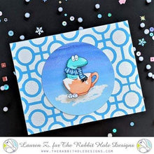 Load image into Gallery viewer, The Rabbit Hole Designs - Stamp Set - Caffeinated - Tea-Rex - 2x3. Deeply etched, clear photopolymer stamps for precise placement. Made in the USA. Available at embellish Away located in Bowmanville Ontario Canada. Card design by Lauren Z.
