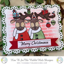 Load image into Gallery viewer, The Rabbit Hole Designs - Stamp Set - Christmoose - Moosemas. Deeply etched, clear photopolymer stamps for precise placement. Made in the USA. Approx. size 4x6.  Coordinates with our Christmoose - Moosemas Dies. Available at Embellish Away located in Bowmanville Ontario Canada. Card example by Kim B.
