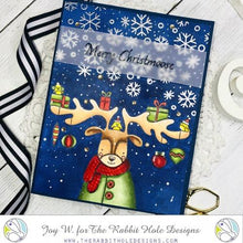 Load image into Gallery viewer, The Rabbit Hole Designs - Stamp Set - Christmoose - Moosemas. Deeply etched, clear photopolymer stamps for precise placement. Made in the USA. Approx. size 4x6.  Coordinates with our Christmoose - Moosemas Dies. Available at Embellish Away located in Bowmanville Ontario Canada. card example by Joy W.
