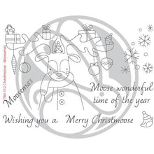 Load image into Gallery viewer, The Rabbit Hole Designs - Stamp Set - Christmoose - Moosemas. Deeply etched, clear photopolymer stamps for precise placement. Made in the USA. Approx. size 4x6.  Coordinates with our Christmoose - Moosemas Dies. Available at Embellish Away located in Bowmanville Ontario Canada.
