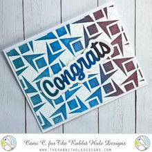 Load image into Gallery viewer, The Rabbit Hole Designs - Stamp Set - Congrats - Scripty - 3x4. Deeply etched, clear photopolymer stamps for precise placement. The word Congrats is sized so that it may be stamped onto the shadow layer from the coordinating dies (sold separately). Made in USA. Coordinates with Congrats - Scripty Word with Shadow Layer Dies. Available at Embellish Away located in Bowmanville Ontario Canada. Card design by Cami C.
