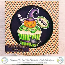 Load image into Gallery viewer, The Rabbit Hole Designs - Stamp Set - 3x4 - Halloween Cupcake. Deeply etched, clear photopolymer stamps for precise placement. Made in the USA.  Coordinates with Halloween Cupcake Die. Available at Embellish Away located in Bowmanville Ontario Canada. Card design by Renee E.
