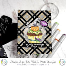 Load image into Gallery viewer, The Rabbit Hole Designs - Stamp Set - 3x4 - Halloween Cupcake. Deeply etched, clear photopolymer stamps for precise placement. Made in the USA.  Coordinates with Halloween Cupcake Die. Available at Embellish Away located in Bowmanville Ontario Canada. Card design by Shanna S.
