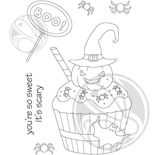 The Rabbit Hole Designs - Stamp Set - 3x4 - Halloween Cupcake. Deeply etched, clear photopolymer stamps for precise placement. Made in the USA.  Coordinates with Halloween Cupcake Die. Available at Embellish Away located in Bowmanville Ontario Canada.