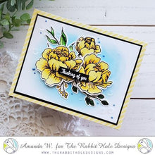 Load image into Gallery viewer, The Rabbit Hole Designs - Stamp Set - Pretty in Peony - 4x6. Deeply etched, clear photopolymer stamps for precise placement. Made in the USA. Available at Embellish Away located in Bowmanville Ontario Canada. Card design by Amanda W.
