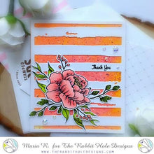 Load image into Gallery viewer, The Rabbit Hole Designs - Stamp Set - Pretty in Peony - 4x6. Deeply etched, clear photopolymer stamps for precise placement. Made in the USA. Available at Embellish Away located in Bowmanville Ontario Canada. Card design by Maria R.
