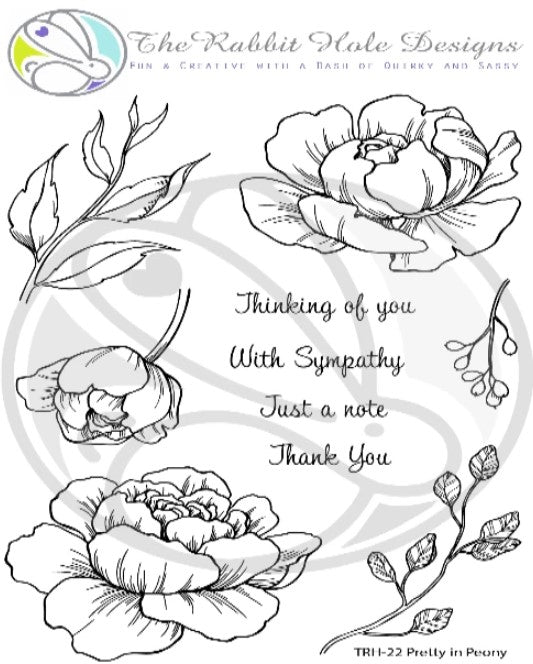 The Rabbit Hole Designs - Stamp Set - Pretty in Peony - 4x6. Deeply etched, clear photopolymer stamps for precise placement. Made in the USA. Available at Embellish Away located in Bowmanville Ontario Canada.