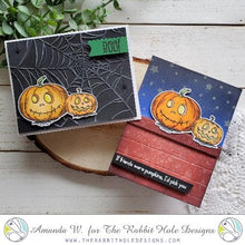 Load image into Gallery viewer, The Rabbit Hole Designs - Stamp Set - Pumpkin Friends - 3x4. Deeply etched, clear photopolymer stamps for precise placement. Pumpkins 3.505&quot;w X 2.33&quot;h. Made in the USA. Available at Embellish Away located in Bowmanville Ontario Canada. Card design by Amanda W.
