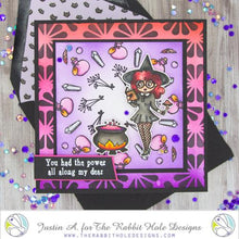 Cargar imagen en el visor de la galería, The Rabbit Hole Designs - Stamp Set - 4x6 - Spellcaster Witch. Deeply etched, clear photopolymer stamps for precise placement. Made in the USA.  Coordinates with Spellcaster Witch Dies. Available at Embellish Away located in Bowmanville Ontario Canada. Card design by Justin A.
