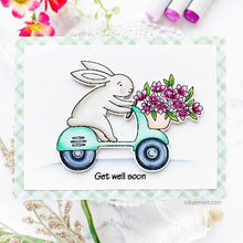 Load image into Gallery viewer, The Rabbit Hole Designs - Die Set - Spring Delivery. Deeply etched, clear photopolymer stamps for precise placement. Made in the USA.  Coordinates with Spring Delivery Dies. Available at Embellish Away located in Bowmanville Ontario Canada. Card design by calyperson.com

