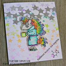Load image into Gallery viewer, The Rabbit Hole Designs - Stamp Set - 3x4 - Unicorn. Deeply etched, clear photopolymer stamps for precise placement. Made in the USA.  Sizes:   Unicorn measures 2&quot;w x 3.125&quot;h Caffeine Structure measures 0.75&quot;w x 0.75&quot;h Sentiments measure 0.125 inches in height and vary in length Coordinates with Unicorn Dies. Available at Embellish Away located in Bowmanville Ontario Canada. Card design by MaryAnn Samuelson.
