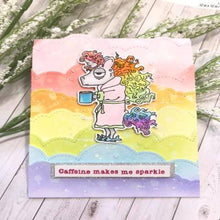 Load image into Gallery viewer, The Rabbit Hole Designs - Stamp Set - 3x4 - Unicorn. Deeply etched, clear photopolymer stamps for precise placement. Made in the USA.  Sizes:   Unicorn measures 2&quot;w x 3.125&quot;h Caffeine Structure measures 0.75&quot;w x 0.75&quot;h Sentiments measure 0.125 inches in height and vary in length Coordinates with Unicorn Dies. Available at Embellish Away located in Bowmanville Ontario Canada. Card design by Brand Ambassador.
