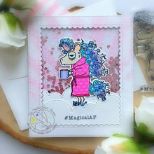 Load image into Gallery viewer, The Rabbit Hole Designs - Stamp Set - 3x4 - Unicorn. Deeply etched, clear photopolymer stamps for precise placement. Made in the USA.  Sizes:   Unicorn measures 2&quot;w x 3.125&quot;h Caffeine Structure measures 0.75&quot;w x 0.75&quot;h Sentiments measure 0.125 inches in height and vary in length Coordinates with Unicorn Dies. Available at Embellish Away located in Bowmanville Ontario Canada. Card design by brand ambassador.
