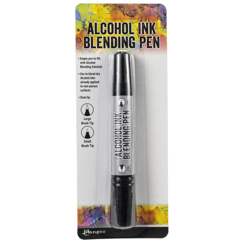 Ranger - Tim Holtz - Alcohol Ink Blending Pen-Empty. A dual-tipped empty pen designed to be filled with Alcohol Blending Solution. Use to blend and lighten dry Tim Holtz Alcohol Inks already applied to non-porous surfaces like Yupo or transfer color from a dry Alcohol Ink Palette. Available at Embellish Away located in Bowmanville Ontario Canada.