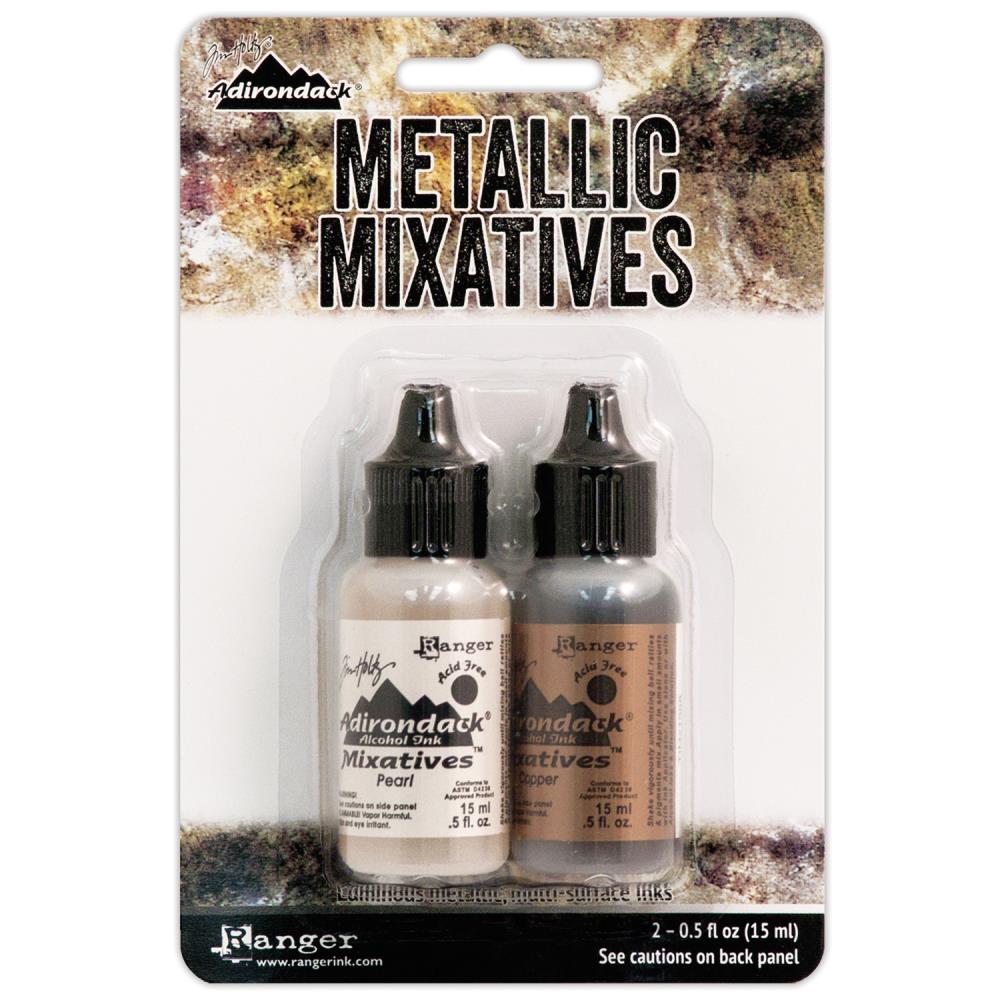 Ranger - Tim Holtz - Alcohol Ink Metallic Mixatives - .5oz - 2/Pkg - Pearl & Copper. Two .5 fluid ounces of metallic luminous, multi-surface inks Includes one formulated to create luminous highlights when combined with alcohol inks. Use them on light or dark gloss paper memory glass dominoes metal foil shrink plastic and other non-porous surfaces. Available at Embellish away located in Bowmanville Ontario Canada.