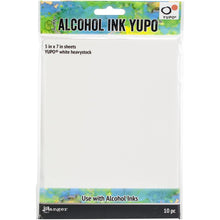 Load image into Gallery viewer, Ranger - Tim Holtz - Alcohol Ink White Yupo Paper - 144lb - 10/Pkg - 5&quot;X7&quot;. YUPO is a versatile surface specially suited for watercolor &amp; mixed media techniques using Tim Holtz Alcohol Inks, Mixatives, &amp; Blending Solution. YUPO white heavy stock is a smooth, synthetic, ultra-heavyweight 144lb surface that resists buckling &amp; dries quickly. Non-porous, water resistant surface. This package contains 10 5x7 sheets of white heavystock. Made in USA. Available at Embellish Away located in Bowmanville ON Canada.
