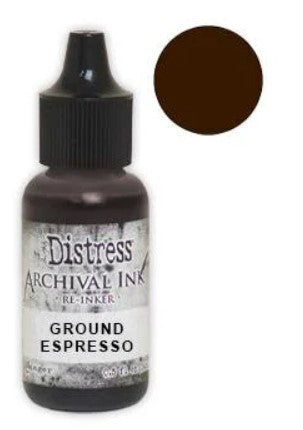 Tim Holtz® Re-Inkers can be used to re-ink Distress Archival Ink Pads, which are sold separately. They are Acid Free, Non-Toxic and Fade Resistant. Package contains one Tim Holtz® Distress® Archival Re-Inker, 0.5 ounces. Available in assorted colors, each sold separately. Made in the USA. Available at Embellish Away located in Bowmanville Ontario Canada. Ground Espresso.